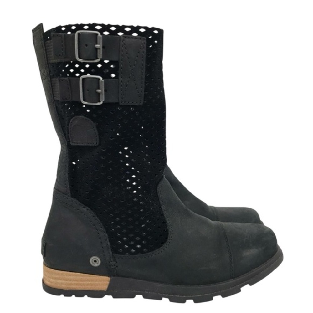 Sorel Black Perforated Mid-Calf Combat Boots with Buckles